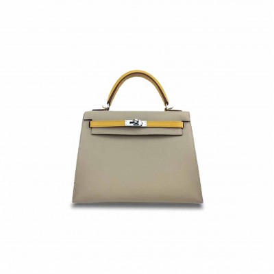 HERMÈS KELLY 25 EPSOM TRENCH COAT GRAY AND AMBER YELLOW (25*17*7cm) 